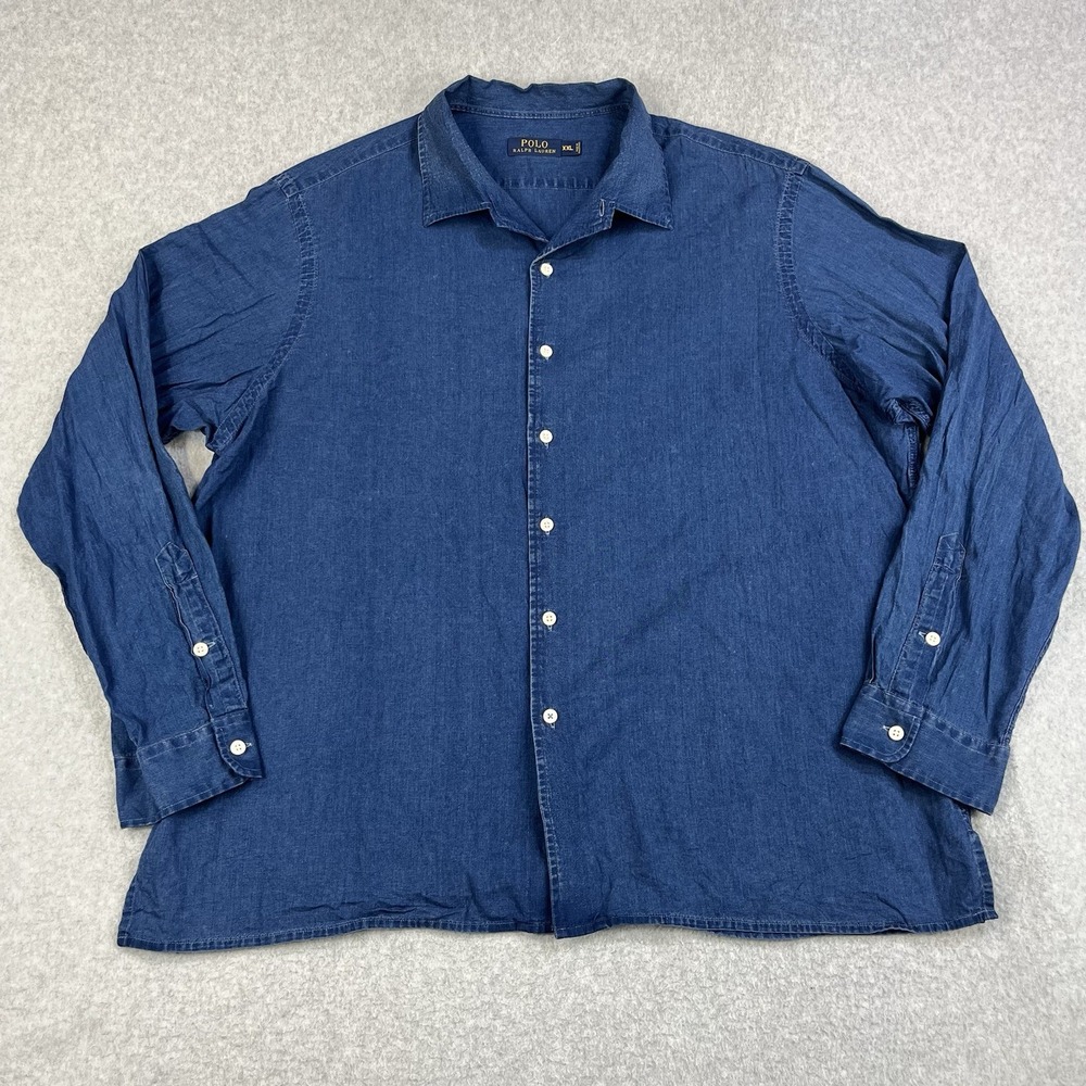 Polo Ralph Lauren Blue Denim Shirt Mens XXL Lightweight Long Sleeve Boxy Camp